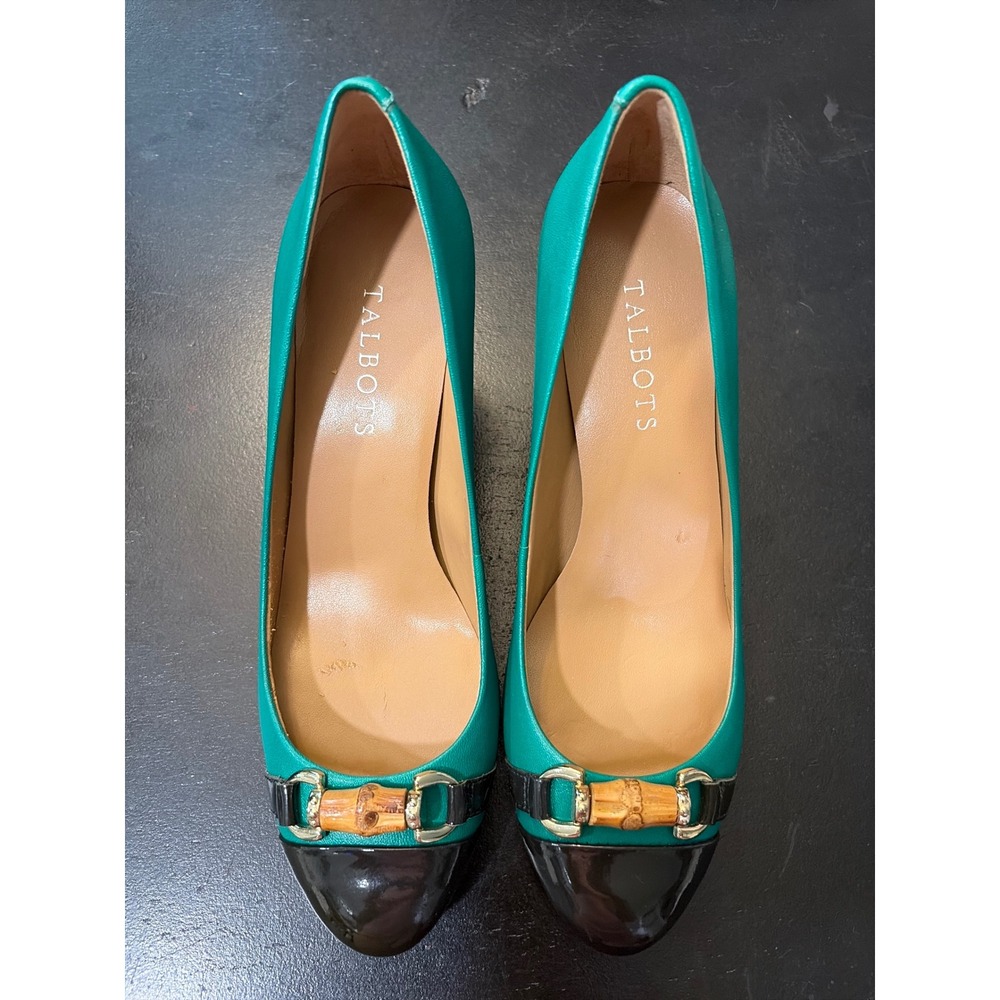 Talbots Teal Green Leather Black Patent Cap Toe Bamboo Buckle Block Heels 8M